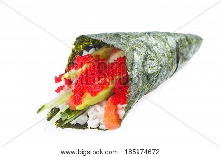 Hand Roll With Salmon, Cream Sauce, Flying Fish Roe, Avocado And Cucumber