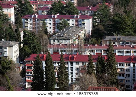 Old five-story apartment buildings in Sochi, Russia
