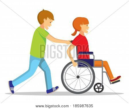 Disabled people and friend. Happy handicapped children. Disabled girl plays with boy.