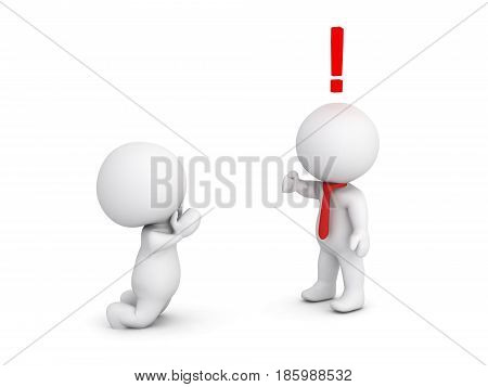 3D Character begging and groveling in front of an angry boss. Image depicts the concept of begging or groveling.
