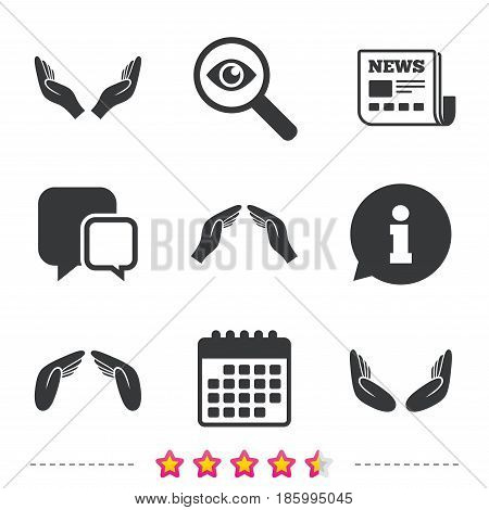 Hands icons. Insurance protection signs. Human helping donation hands. Prayer meditation hands sybmols. Newspaper, information and calendar icons. Investigate magnifier, chat symbol. Vector