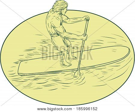 Drawing sketch style illustration of a surfer dude on a stand up paddle board holding oar paddling set inside oval shape viewed from top angle.