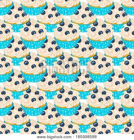 Cupcake with fresh blueberry in turquoise holder seamless pattern. Sweet dessert for wrapper or textile.