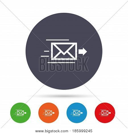 Mail delivery icon. Envelope symbol. Message sign. Mail navigation button. Round colourful buttons with flat icons. Vector