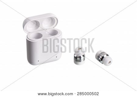 Wireless Cordless Bluetooth Earbuds With Chargeable Case, Isolated On White