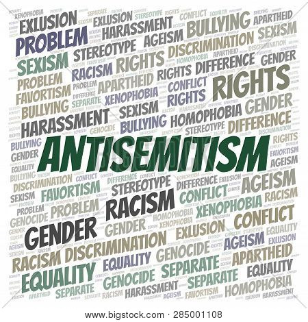 Antisemitism - Type Of Discrimination - Word Cloud. Wordcloud Made With Text Only.