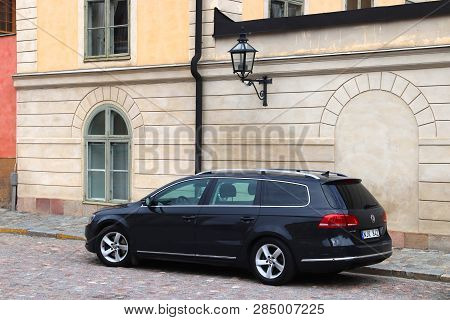 Stockholm, Sweden - August 23, 2018: Black Volkswagen Passat Station Wagon Parked In Stockholm, Swed