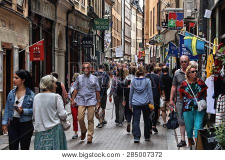 Stockholm, Sweden - August 23, 2018: People Shop In Gamla Stan (old Town) In Stockholm, Sweden. Stoc
