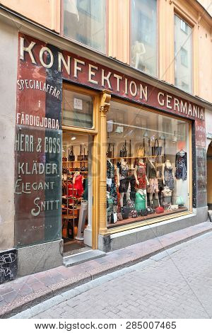 Stockholm, Sweden - August 23, 2018: Konfektion Germania Fashion Store At Vasterlanggatan Street Of 