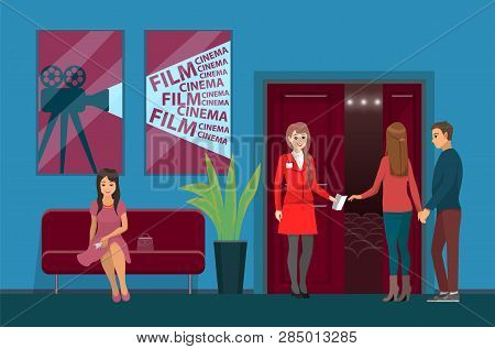 Movies Theater Interior, Cinema Hall Worker And Viewers Vector. Woman With Ticket On Couch Check-tak