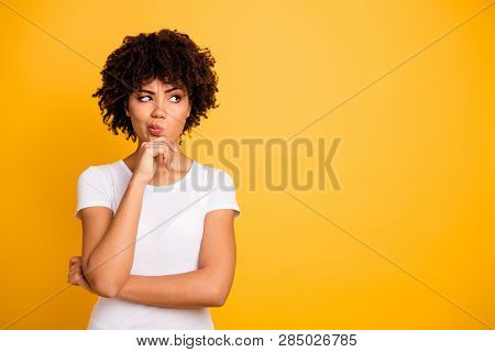 Close Up Photo Beautiful Amazed She Her Dark Skin Lady Arms Hands Chin Think Over Not Sure Homework 