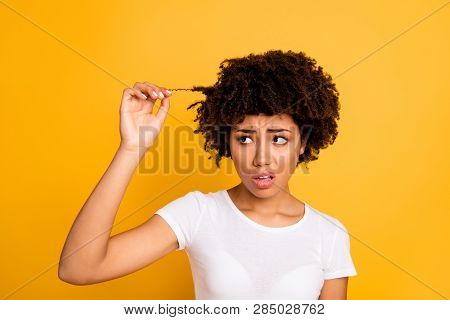 Close-up Portrait Of Her She Nice Attractive Worried Wavy-haired Lady Touching Finding Damaged Thick