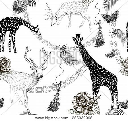 Hand Drawn Girrafes, Deers, Butterflies, Chain Elements, Palm Leaves On White Background, Seamless V