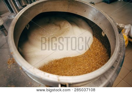 Beer Brewed In A Brewery. Brewing Equipment At Microbrewery