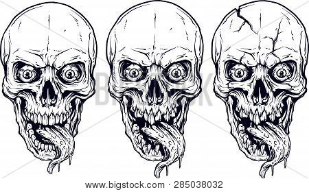Detailed Graphic Realistic Cool White Human Skulls With Horrible Long Tongue, Crazy Eyes And Lower J