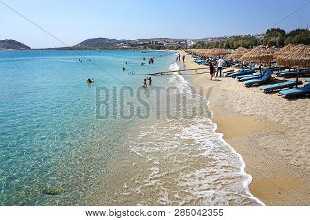 Mykonos, Greece, September 09 2018, Panoramic View Of The Enchanting Nature Of Kalafatis Beach In Th