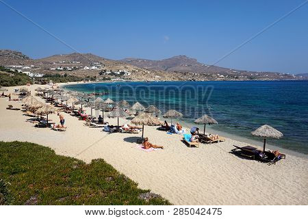 Mykonos, Greece, September 09 2018, Panoramic View Of The Enchanting Nature Of Kalafatis Beach In Th