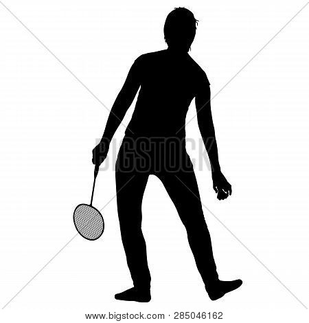 Black Silhouette Of Female Badminton Player On White Background