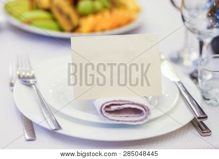 Invitation Sheet With The Name On The Personal Table In The Restaurant. Guests At The Restaurant