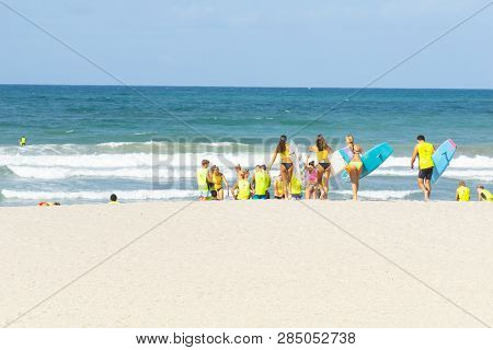 Mount Maunganui New Zealand - February 8 2019: Members Mount Maunganui Surf Lifesavers Club Head Dow