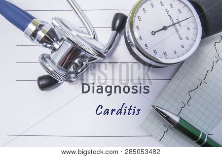 Cardiac Diagnosis Carditis. Medical Form Report With Written Diagnosis Of Carditis Lying On The Tabl