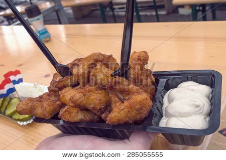 Close Up Of Traditional And Famous In Netherlands Fryed Fish - Kibbeling  Served With Sauce Mayonnai
