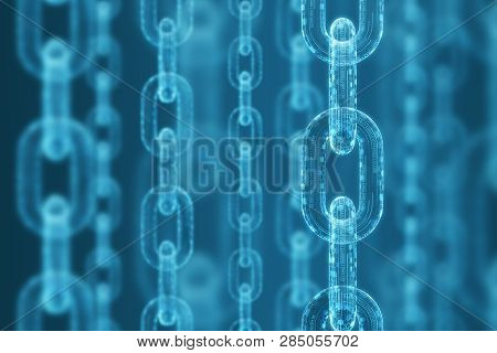 Vertical Digital Connects Of Block Chains On A Blue Background. Concept Of Blockchain Technology. Mi
