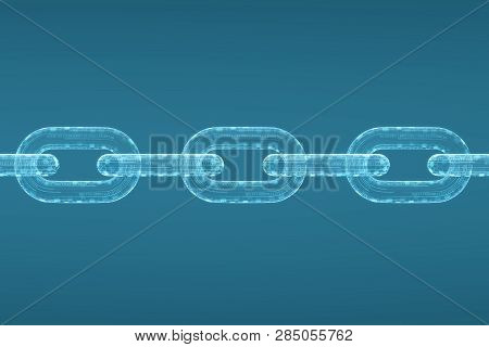 Horizontal Blockchain On A Blue Background. Concept Of Blockchain Technology. Mining And Cryptocurre
