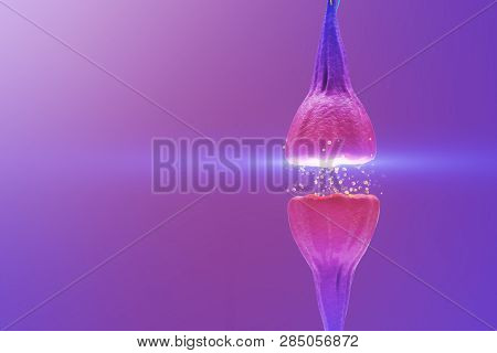 Digital Illustration Of A Synapse Neuron On A Purple Background. 3d Rendering