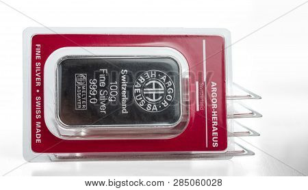 Kiev, Ukraine - December 05, 2018: Several Minted Silver Bars Weighing 100 Grams In Transparent Blis