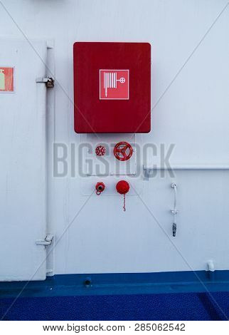 Fire Fighting Equipment, Water Hose, Connections And Valves For Water Ready For Use At The Bulkhead 