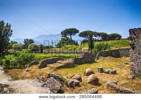 A Stone Ruin Of The City Pompei Near Volcano Vesuv.