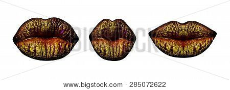 Lips With Gold Lipstick Isolated On White Background. Closed Female Sensual Mouth Or Kiss. Sensual S