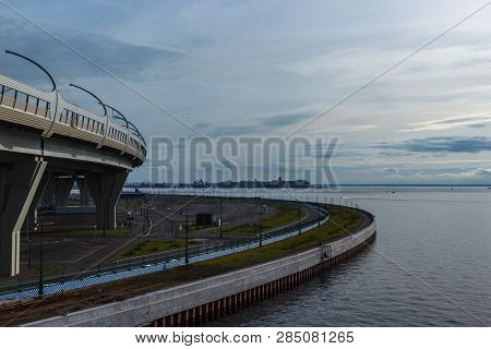 Russia, St Petersburg - August, 2018: High-speed Road, View Of Vasilievsky Island, Cruise Ships In T