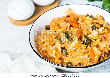 Cabbage Stew With Rice And Vegetables. Meatless Vegan Dish.