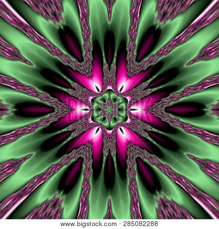 Green Star Mandala, Abstract Dark Flower In Pink And Green, Spring Pattern