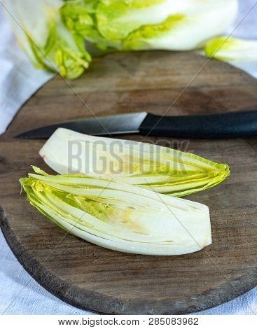 Group Of Fresh Raw Green Belgian Endive Or Hicory Vegetables, Also Known As Witlof Salade