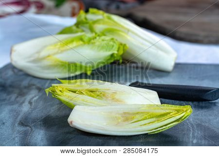 Group Of Fresh Raw Green Belgian Endive Or Hicory Vegetables, Also Known As Witlof Salade