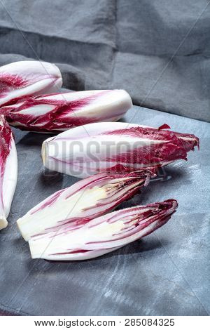 Group Of Fresh Red Radicchio Chicory Or Belgian Endive Vegetables, Also Known As Witlof Salade