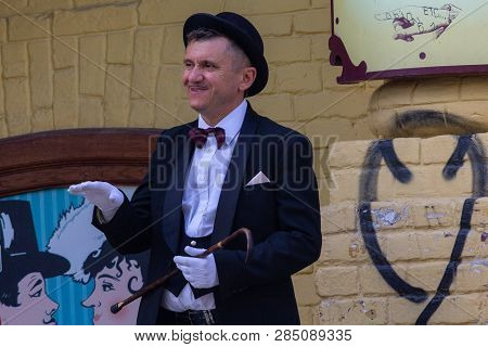 Kiev, Ukraine - 12 May, 2018: Man In A Suit Of The Famous Literary Character Works For Restaurant At