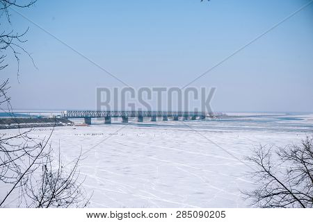 Bridge Over The Frozen River In Cherkassy.