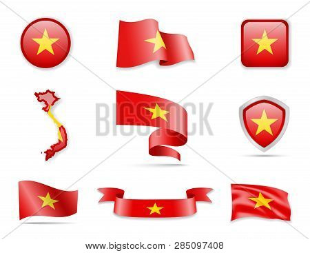 Vietnam Flags Collection. Vector Illustration Set Flags And Outline Of The Country.