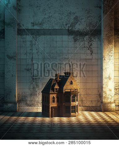 Dollhouse In Haunted Hallway,3d Illustration For Book Cover