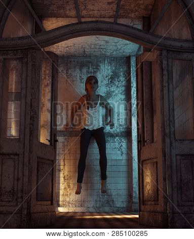 Girl Being Peg By An Evil That Vengeful In A Haunted House,3d Rendering,** Night Scene May Have Some