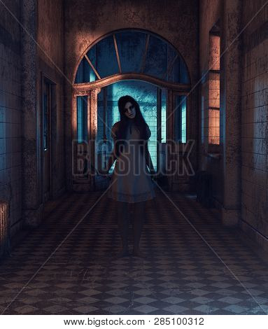 Sister Of Horror,portrait Of A Killer Woman With Hatchet And Cleaver,3d Rendering