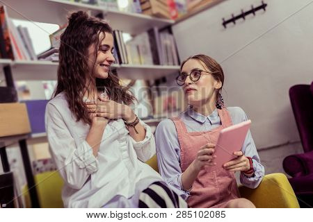 Appealing Positive Ladies Having Pleasant Agreeable Conversation