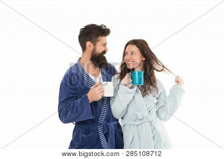 Couple In Love. Morning Coffee. Happy Couple Drink Coffee. Happy Family Breakfast. Morning At Home. 
