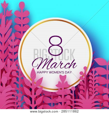 8 March. Origami Spring Flowers For Happy Womens Day. Mixed Pink Paper Cut Outs Plants, Flowers, Tro