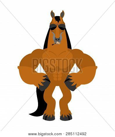 Horse Strong Cool Serious. Steed Smoking Cigar Emoji. Hoss Strict. Vector Illustration