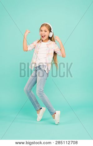 Music Drives Me Crazy. Girl Child Listen Music With Modern Headphones. Kid Little Girl Listen Song H